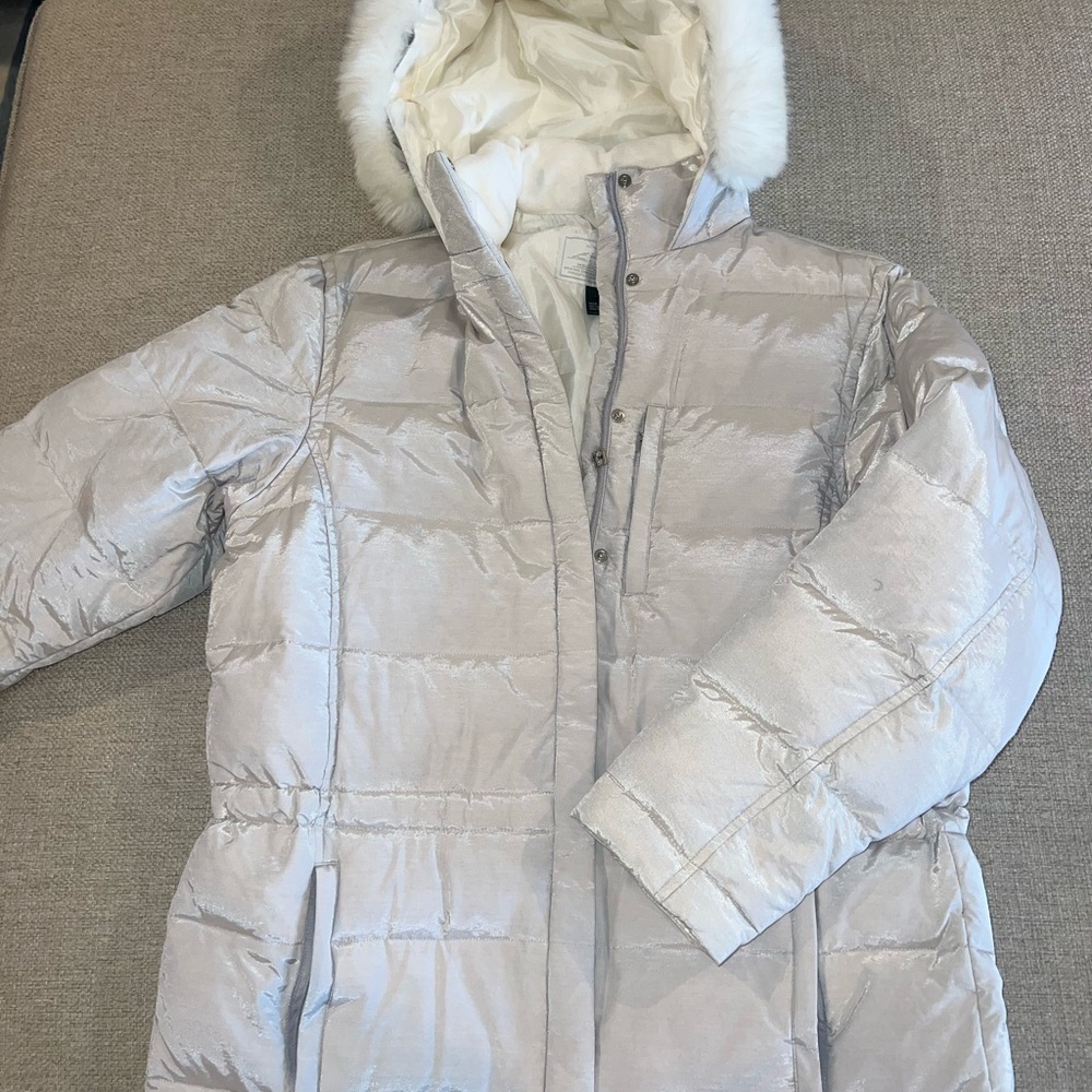 Ralph Lauren Women's Silver Puffer Jacket with Faux Fur Hood